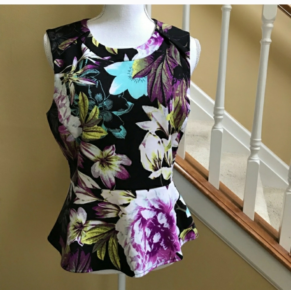 Worthington Black Peplum Pastel Floral Print Sleeveless Tank with Keyhole Back L